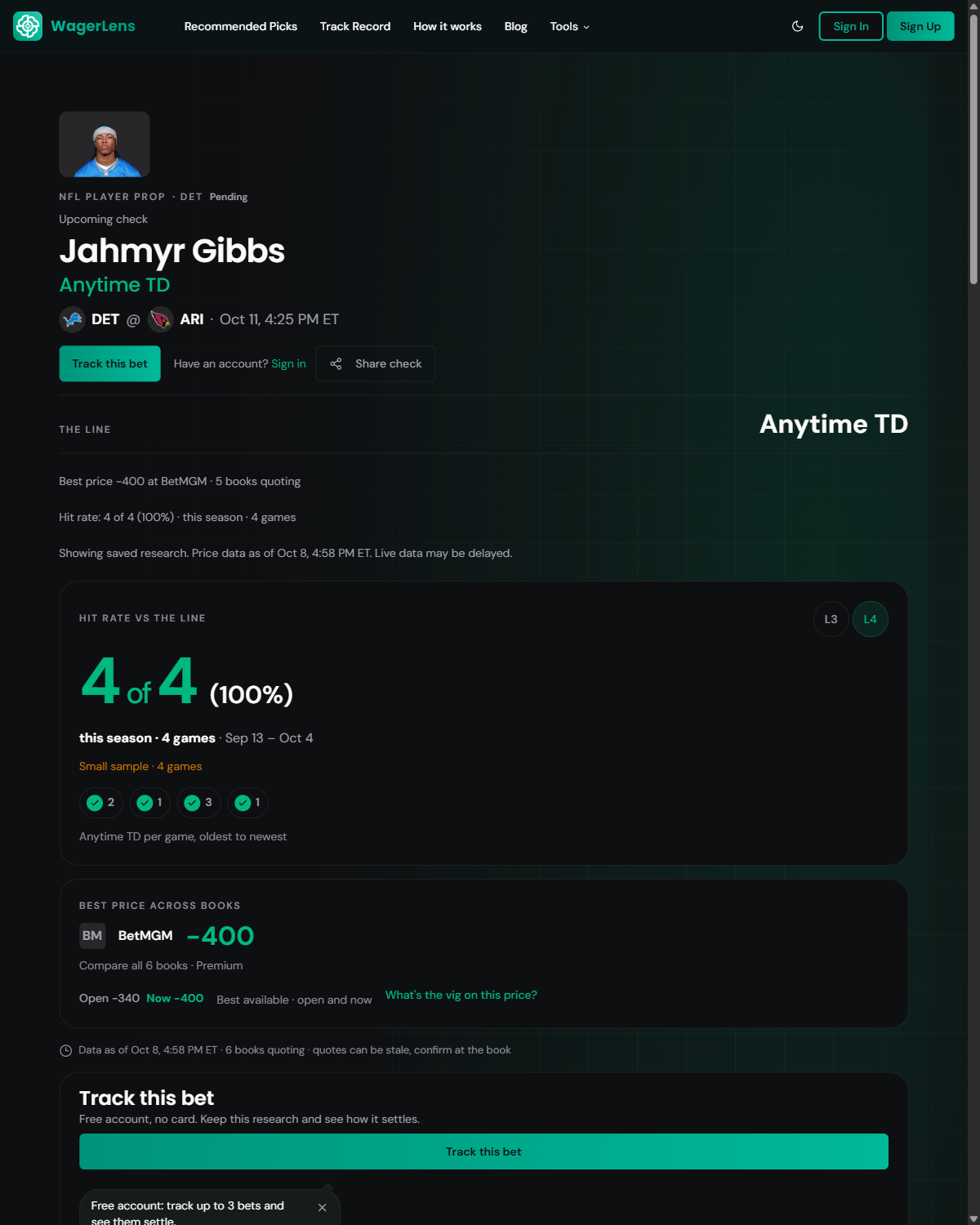 Saved Jahmyr Gibbs anytime TD check: 4 of 4 scoring games, September 13 to October 4; BetMGM quote -400, price data October 8, 2026, 4:58 PM ET.